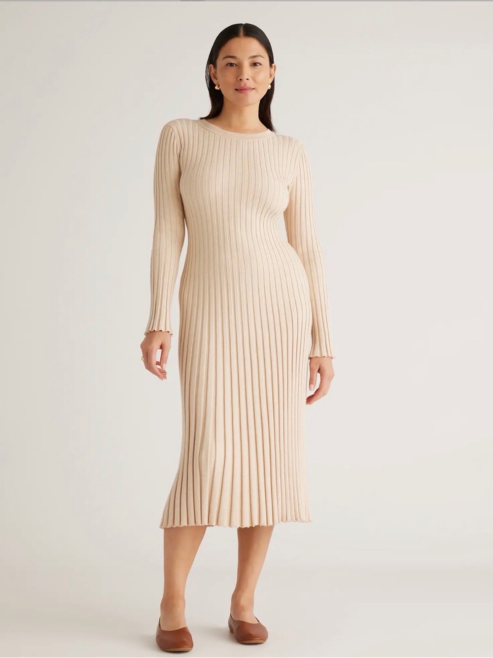 Quince Cotton Cashmere Oatmeal Ribbed Long Sleeve Crew Midi Dress L